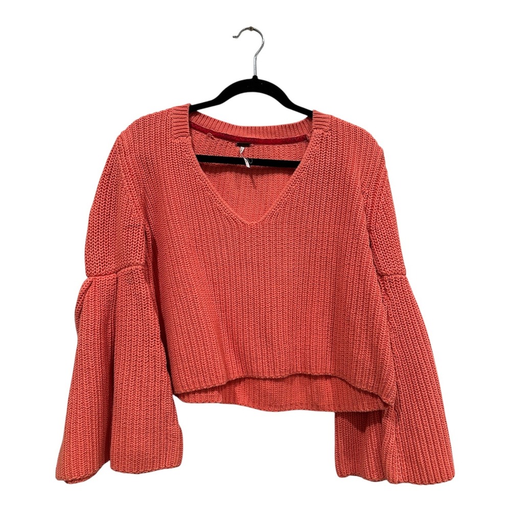 Free People Moonbeam V-Neck Bell Sleeve Ribbed Cotton Sweater Coral Orange M